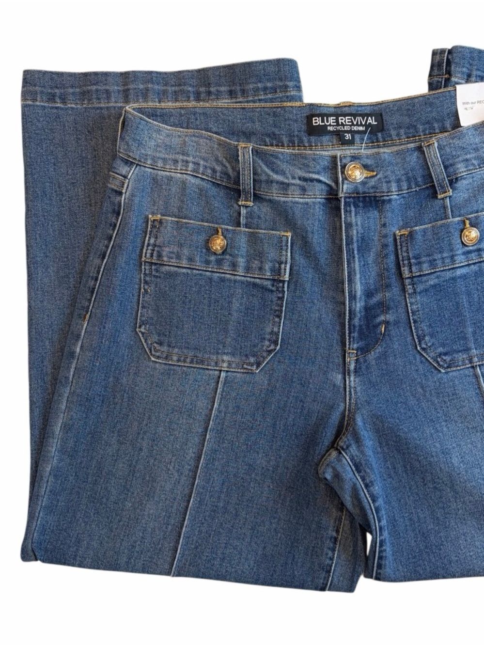 Blue Revival Patch Pocket Mid Rise Recycled Wide Leg Crop Jeans Size 31